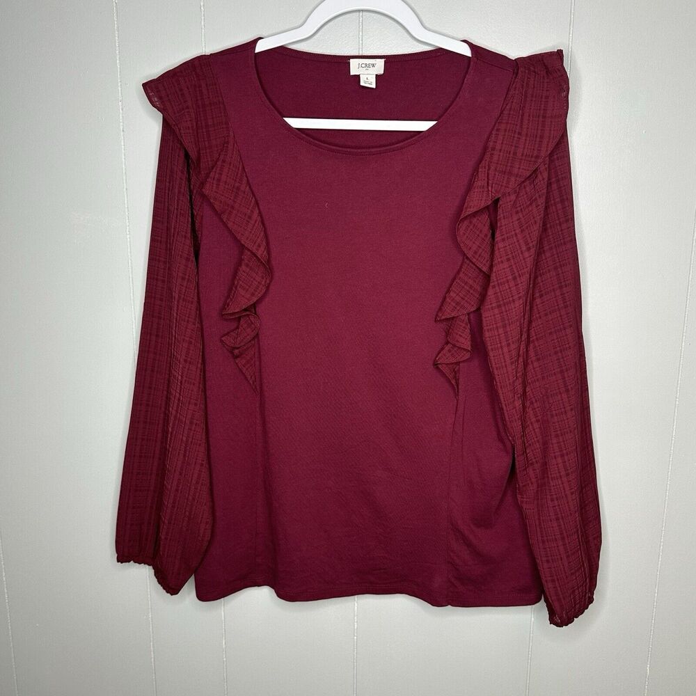 J Crew Ruffle Shoulder Top Womens Large L Burgundy Jacquard Sleeves Peasant